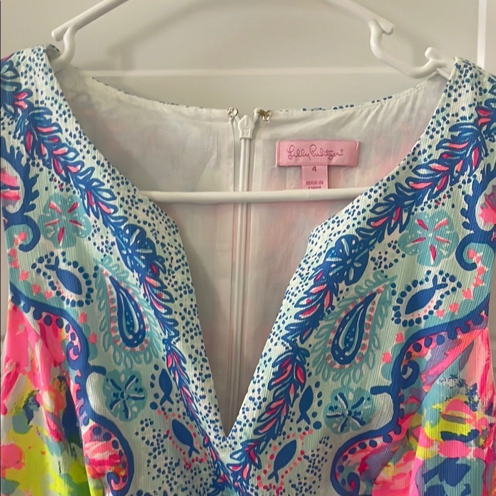 Lilly Pulitzer Pink and Blue V-neck Sheath Mini Dress - Picture 2 of 6